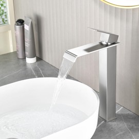 Waterfall Bathroom Faucet, Single Handle Bathroom Faucets for 1 Hole Bathroom Sink Faucet Mixer Taps Washbasin Faucets with Deck, Pop-up Drain and Supply Hoses Brushed Nickel