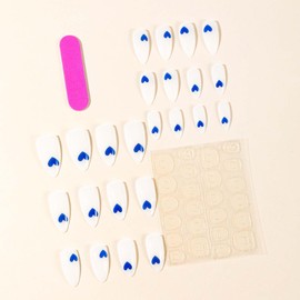 Almond Press on Nails Medium Fake Nails White False Nails with Heart Design Full Cover Acrylic Nails Artificial Glossy Glue on Nails Stick on Nails for Women Manicure Decoration 24Pcs