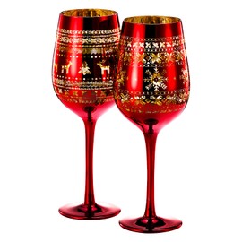 Crystal Stemmed Christmas Wine Glasses Goblets - Set of 2 - Themed Vibrant Red & Gold Etched Winter Snow Wonderland Frosted Glass, Perfect Holiday Themed Seasonal Parties, Gifts Him & Her Xmas 14 OZ