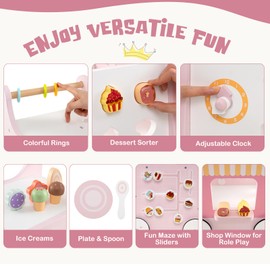 BABY JOY 2-in-1 Wooden Baby Walker, Montessori Activity Center w/Storage, Wheels, Kids Dessert Shop Walking Toy w/Ice Cream, Slider, Maze, Plate, Push Walker for Boys and Girls 1+ Years Old (Pink)