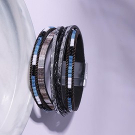 Viwind Women's Boho Multilayer Leather Wrap Bracelets 19 cm Grain Beads Wrap Bracelet Braided Leather Bracelet Magnetic Clasp, Faux Leather, No Gemstone