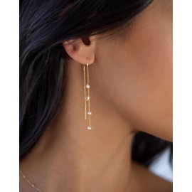 Moodear Dangle Earrings for Women - Gold/Silver Threader Dangling Earring stacks with Long Chain - Hypoallergenic Cubic Zirconia Hoop and Stud Prom Wedding Jewelry Set, Brass, No Gemstone