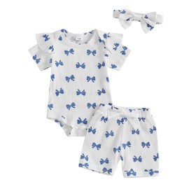 Baby Girl Summer Outfit Bow Print Ruffle Short Sleeve Romper Tops Shorts Headband Ribbed Knitted 3Pcs Clothes Set (White Bows, 3-6 Months)