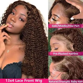 Peenoll Brown Chocolate Jerry Curly Human Hair Lace Frontal Closure Wig Glueless Wigs Human Hair Pre Plucked Pre Cut Lace Closure Glueless Wigs Elastic Band 200% Density