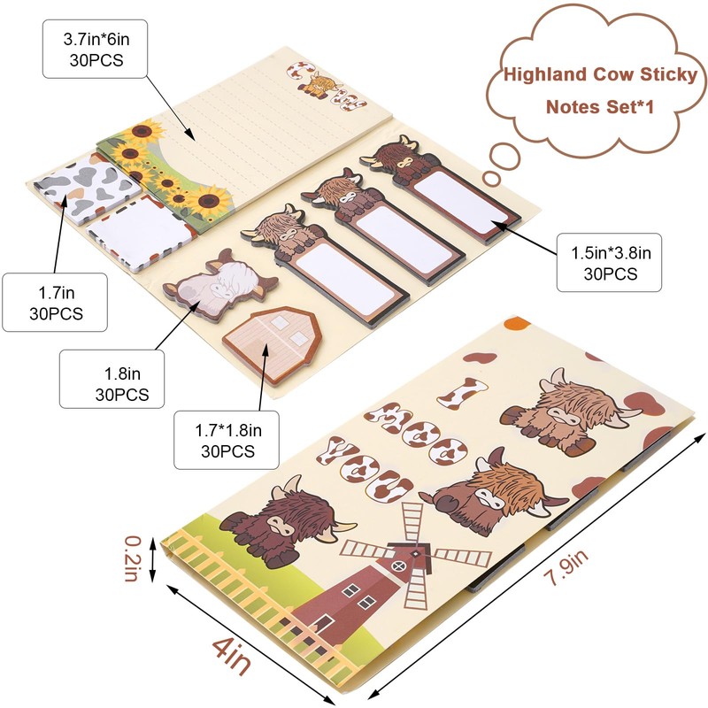 JarThenaAMCS 240 Sheets Highland Cow Sticky Notes Set 8 Designs
