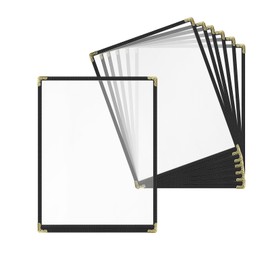 Goodsmart Restaurant Menu Covers, -6 Pack Black 2-View, 8.5"x14" Top-Loading Menu Holders, Vinyl & Plastic Café Menu Covers for Restaurant, Clear Menu Sleeves, Leather-Style Design, Gold Corners（6PCS）