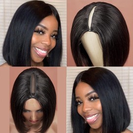 Short Bob V Part Wig Real Hair Wig Straight Bib Human Hair Wig, Short Bob Wig Women's Real Hair Upgrade U Part Wig V Clip In Half Wig 100% Brazilian Real Hair 12 Inches