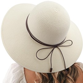 DRESHOW Womens Sun Straw Hat Bowknot Hat Summer Wide Brim Bucket Hats Foldable Beach Sun Hats Roll up UPF 50+