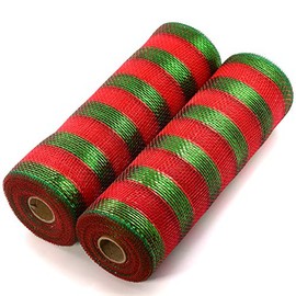 Koopi Deco Mesh 10 inch x 10 Yards Christmas Colors, Set of 2 Red and Green Metallic foil Stripe Mesh Ribbons for Wreaths, Swags, Craft, Party and Decorating Supplies- 2 Rolls