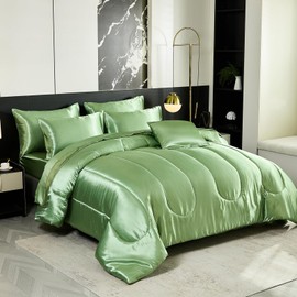 Green Silk Like Satin Comforter Set - King Size 8 Pcs Bedding Set with Sheet Set, Soft Silky Comforter Set and 1 Cushion Cover - Luxury Hotel Style