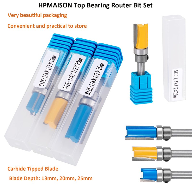 HPMAISON 3PCS 1/4 Inch Shank Flush Trim Pattern Template Router
