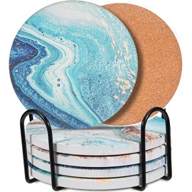 6-Pcs 4'' Ceramic Marble Style Trivet with Holder, Absorbent Trivets for Hot Dishes, Cork Bottom Anti-Slip Trivet Mats for Hot Pots and Pans