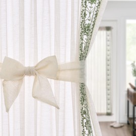 jinchan French Sheer Volie Door Curtain Embroidered Farmhouse Linen Curtain for Patio Door with Tie up Bows for Door Window Closet Light Filtering Rod Pocket 40 Inches 1 Panel Green on Beige