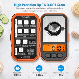 ORIA Precision Scales 50 g/0.001 g, Digital Scales Milligram, Precision Pocket Scale, Portable Jewellery Scale, LCD Display Mini Scale, Tare Function, 10 g x 2 Pieces Calibration Weights & Tweezers - Orange