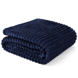 PAVILIA Soft Fleece King Bed Blanket Navy Blue, Large Fuzzy Plush Flannel Blanket, Warm Cozy Ribbed Microfiber Blanket for Sofa Couch, Lightweight Striped Blanket, Navy, 108x90