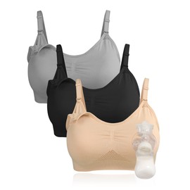 4HOW brasier de bombeo manos libres de maternidad para lactancia materna y brasier de lactancia en un solo cómodo, suave, gran apoyo, Negro + gris + beige., M