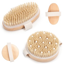 2 Pack Dry Brush, Dry Brushing Body Brush for Lymphatic Drainage & Cellulite, Natural Bristle Exfoliating Body Brush with Massage Nodes for Improve Blood Circulation Soft & Smooth Skin (1 Oval+1 Round)