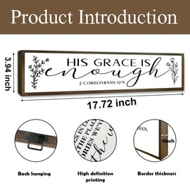 Christian Decor, Christian Wall Art, Rustic Wooden Table Signs, Religious Decoration for Home Office, Hanging Framed Wood Signs, His Grace is Enough Sign 17.8x4x1.2 inches