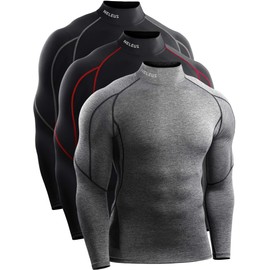 NELEUS Men's Compression Shirts Dry Fit Long Sleeve Mock Neck Shirts,3 Pack,5059,Black/Black(Red Stripe)/Grey,US L,EU XL