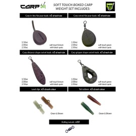 Carp On - Tackle Box Set of 12 Quality Soft Touch Camo Carp Weights (Styles: In-Line Flat Pear, Swivel Flat Pear, Distance and Gripper) with Bolt Rigs & Swivels - Assorted Sizes and Colours [35-001]