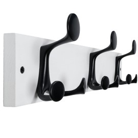 WEBI Coat Rack Wall Mount,17” Solid Wood Coat Hooks Wall Mounted Coat Hanger,16” Hole to Hole,Heavy Duty Hook Rack Rail,3 Triple Hooks for Hanging Coats,Jacket,Clothes,Hat,Backpack,White