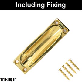 TERF® Traditional Vintage Polished Brass Flush Pull Door Handle 90mm Sliding Door Flush Handle with Fixing Screw for Drawer Cabinet Wardrobe Sliding Door and Multi Use - Pack of 2