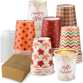 Sosation 90 Pieces/30 Sets Hello Autumn Paper Coffee Cups Disposable Fall Cups with Lids and Sleeves Maple Leaves Beverage Paper Tumbler for Hot Cold Drinks Autumn Thanksgiving Party (9 oz)