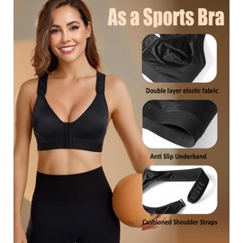 Exclare Front Closure Sports Bra for Women Wirefree Non Padded Racerback Post Surgery Yoga Workout Brassiere (Black,32B/C)
