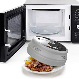 Ezy Active Collapsible Microwave Cover for Food - Silicone and Glass Splatter Guard Lid for 6-12 inch Plates & Bowls, Dishwasher Safe, Heat Resistant, BPA-Free, Gray
