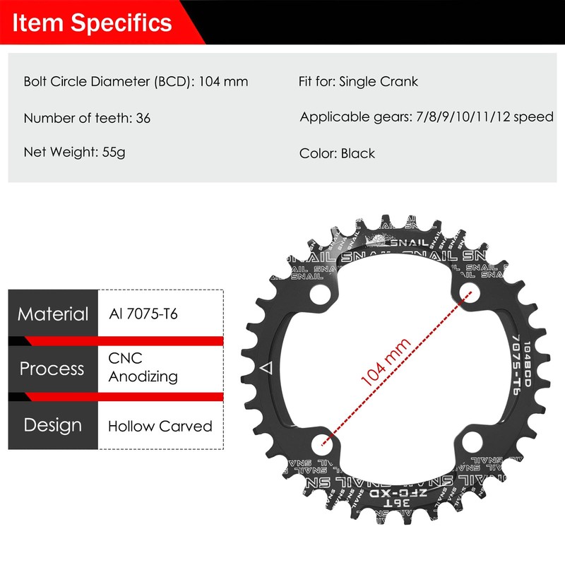 BESNIN 104 BCD Chainring Round 30/32/34/36/38/40/42/44/46/48/50/52 Teeth Bicycle Chainring Narrow