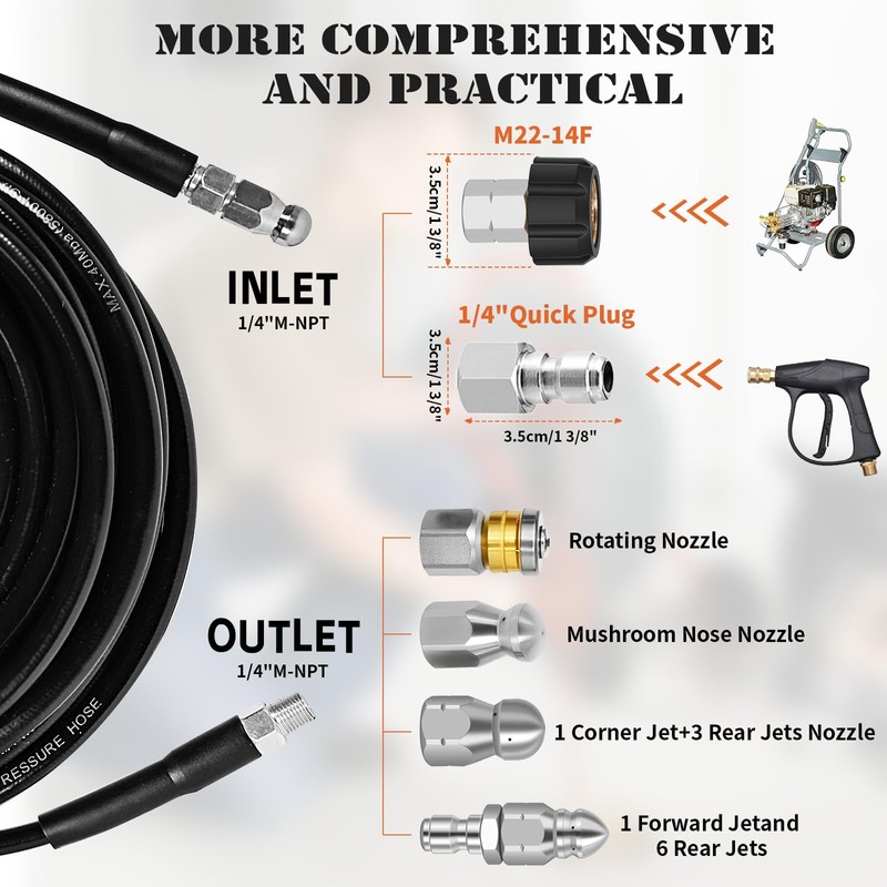 Sewer Jetter Kit for Pressure Washer, 100FT Drain Cleaner Hose