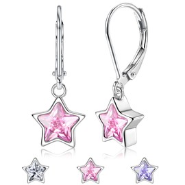 JeweBella 925 Sterling Silver Leverback Earrings for Women Girls Hypoallergenic Cute Star Pendant Earrings Pink Purple White Zirconia Dangle Earrings for Kids Earrings for Women Dangling