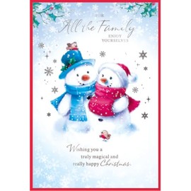 To All the Family Christmas Card - Snowman Couple with Robins & Foil 7.5x5.25"