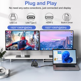 Herfair USB to HDMI Adapter for Dual Monitors Double 1080P@60Hz HDMI Extender Display Splitter USB 3.0 or Type-C Thunderbolt Universal Multiple Screen Connector for MacOS 10.15/Windows 11/10/8.1/8/7