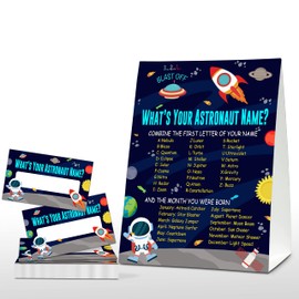 What's Your Astronaut Name Game - Outer Space Birthday Party Games for Boys - Family School Classroom Activity - 1 Standing Sign and 30 Stickers - Kids Space Party Supplies Decorations(12)
