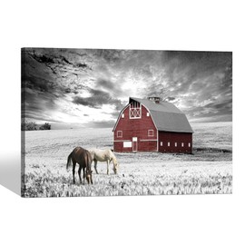 SD SOFT DANCE Farmhouse Barn Canvas Wall Art: Black White Farm Landscape Pictures Country Scenery Artwork Horse Painting Prints for Living Room Bedroom Wall Decor 24x16inch