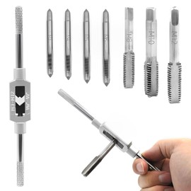 Manual Screw Tap, Tap Set, Screw Taps, 8 Pieces, M3-M12, Mini Tap Set with Tap Handle, Reverse Tap, Tool Set, High Speed Steel Screw Hand Tap, Steel, Abrasion Resistant, For Manual Threading, Drilling, and Thread Repair [Stringer (1 piece), Thread Tap (7 pieces)