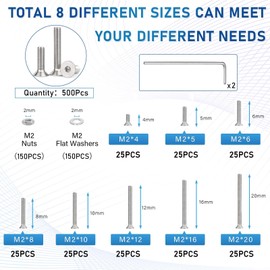 Zmbroll 500Pcs M2 x 4/5/6/8/10/12/16/20mm Countersunk Head Socket Cap Screws 304 Stainless Steel Flat Head Screws Fully Threaded Metric Machine Screws Bolts Washers Nuts Assortment Kit