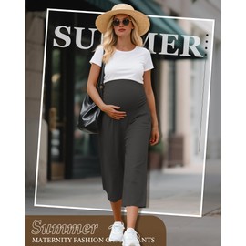 Huukeay Women's Cotton Linen Maternity Capris Pants, Lounge Pregnancy Cropped Pants Wide Leg Over The Belly Pockets Trouser(Dark Gray,Large)