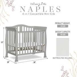 Dream On Me Addison 4-in-1 Convertible Mini Crib in Cool Grey, Greenguard Gold Certified, Non-Toxic Finishes, Built of New Zealand Pinewood, Comes with 1” Mattress Pad