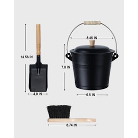 vensovo 1.5 Gallon Ash Bucket with Lid - Shovel, Broom, and Gloves, Heavy Duty Galvanized Iron, Fire-Resistant, Black Finish Perfect for Fireplaces, Fire Pits
