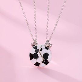 2Pcs Football Magnetic Necklaces for Women Girls Teen Adjustable Enamel Black White Soccer Chain Necklace Cute Round Ball Pendant Lightweight Friendship BFF Forever Jewelry for Soccer Lovers (Silver)