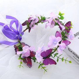 June Bloomy- Diadema nupcial con corona de hojas y flores de rosas y cinta ajustable (mariposa morada)