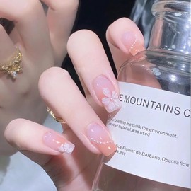 Nail Tip, Short, 24 Pieces, Medium, False Nails, Gradient, Pink, Pearl, Flowers, Skin Color, 3D Nail Sticker, Nail Tip, Medium Long, Popular, Cute, Simple, Fashionable Party, Autumn, Spring, Summer,