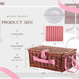 YPshuye Picnic Basket Set for 4 with Waterproof Picnic Blanket and Insulated Cooler, Large Wicker Picnic Hamper for Camping, Outdoor, Mother's Day, Birthday, Wedding Gift, Pink