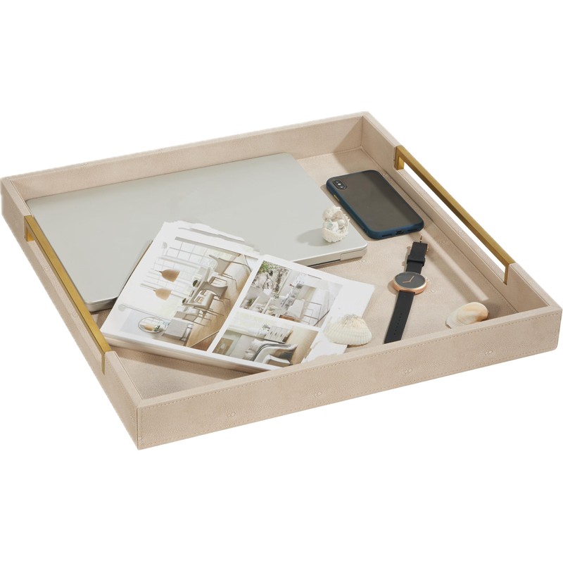 Sagala 20"x20" Extra Large Ottoman Tray with Gold Handles, Ivory
