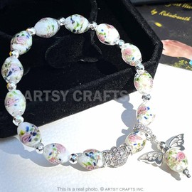 ARTSY CRAFTS INC Oval Shaped Glow in the Dark Firefly Bead Bracelets, Butterfly Charm Rose Flower Beaded Bracelet Luminous Murano Jewelry, Gifts for Birthday Valentines (White 6-7")