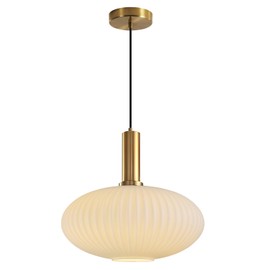 KCO Lighting 1-Light Large Milk Glass Pendant Light Fixture Vintage White Ribbed Glass Pendant Light Farmhouse Striped Glass Pendant Light Brass Gold Single Pendant Lighting Kitchen Island