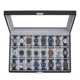 SONGMICS 24-Slot Watch Box, Lockable Watch Storage Case with Glass Lid, Gift Idea, Ink Black Synthetic Leather, Dove Gray Lining UJWB024