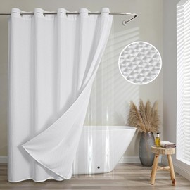FY&XZH 2-in-1 Hookless Waffle Shower Curtains Set, No Hook Waffle Textured Shower Curtain with Thickened PEVA Liner, Hotel Style Bath Curtain with Built-in Grommets, Water Resistant(White)